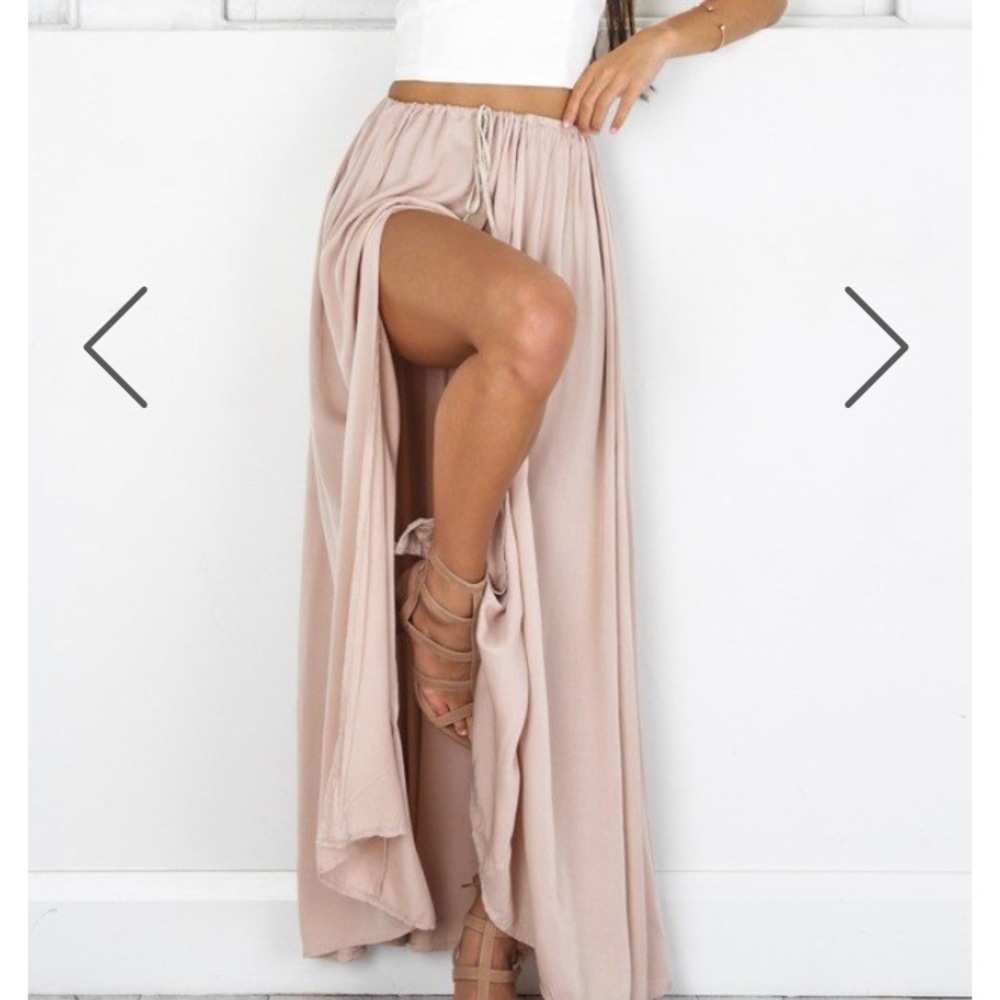 Showpo Under the Twilight Maxi Skirt in “Beige”